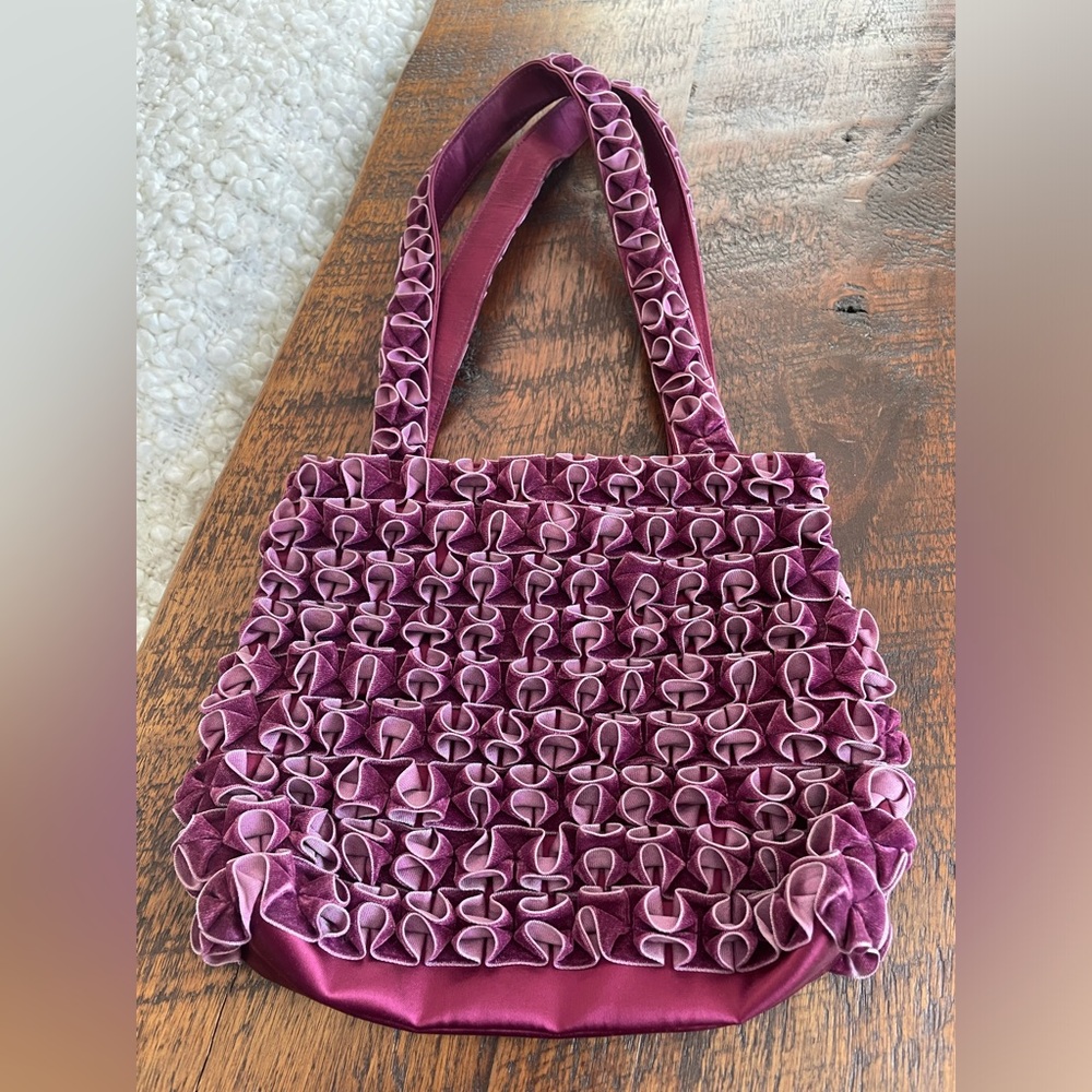 La Regale Purple Violet Purse Velvet Ribbon Ruffles Magnetic Snap 10 x 8